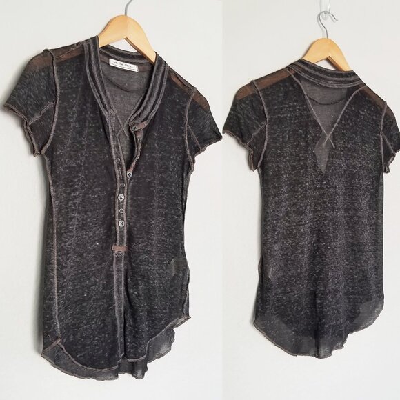 Free People Kia Sheer Henley T-shirt Tee XS Burnout Grunge Goth Lightweight Gray - Picture 5 of 16